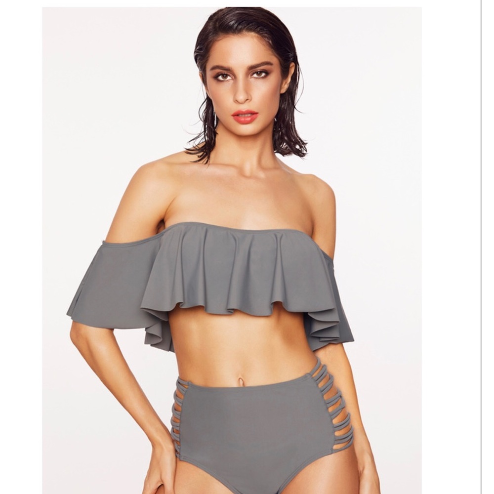Grey Strapless High Waist Ruffle Bikini Set